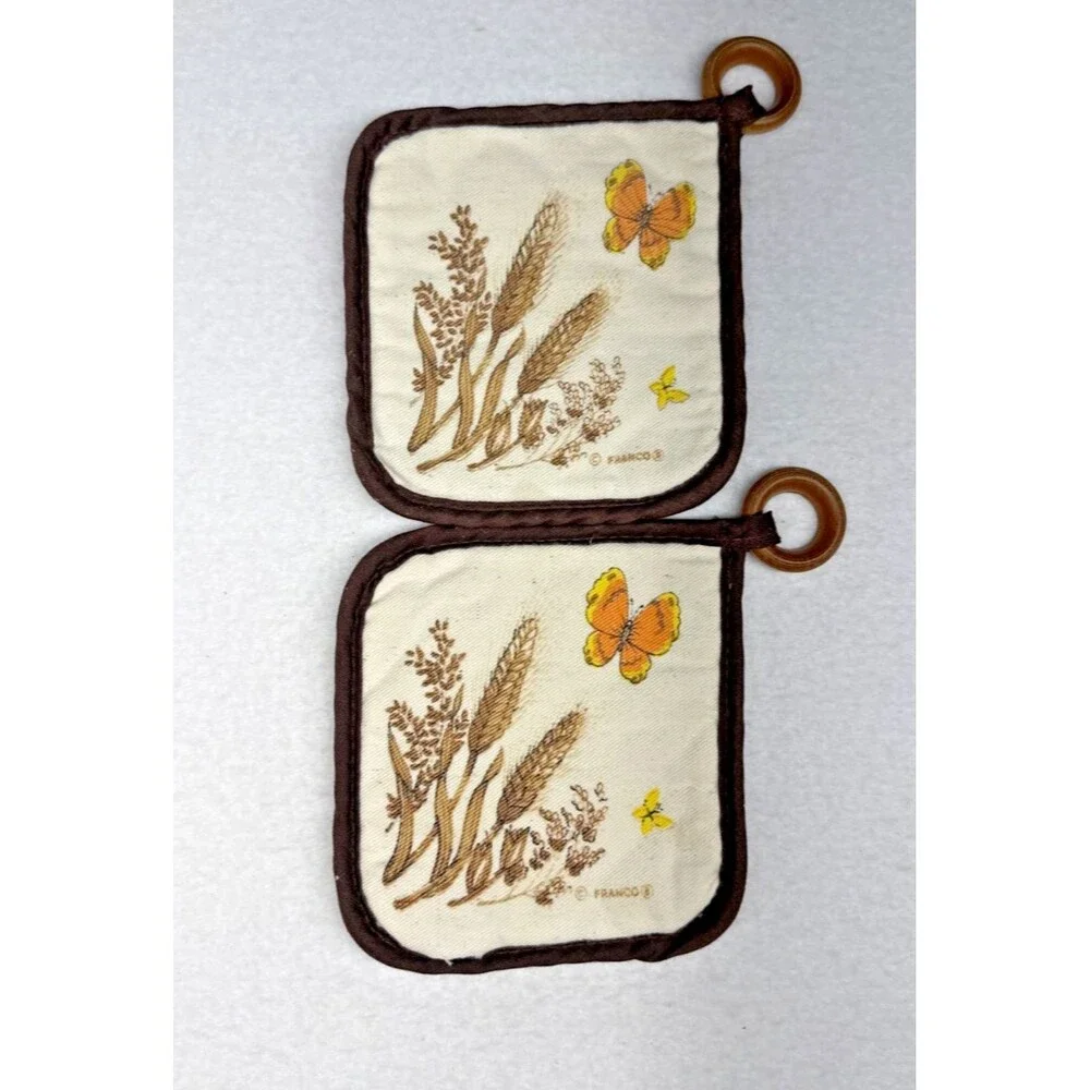 Franco Vintage 70s Potholders Set 2 Wheat Butterfly Hot Pads Retro Kitchen
